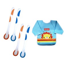 fisher-price 費雪 副食品湯匙 4入+嬰兒防水長袖圍兜, 1組, 藍色(圍兜)