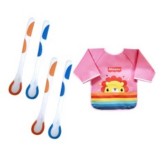 fisher-price 費雪 副食品湯匙 4入+嬰兒防水長袖圍兜, 1組, 粉色(圍兜)
