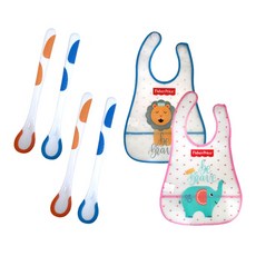 fisher-price 費雪 感溫湯匙 4入+動物印花圍兜 2款入, 1組, 愛心獅子+愛心大象