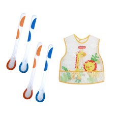 fisher-price 費雪 感溫湯匙 4入+動物印花圍兜 2款入, 1組, 黃色(圍兜)