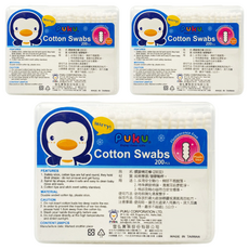 PUKU 藍色企鵝 螺旋棉花棒 純棉雙頭 塑膠軸桿 台灣製造 寶寶清潔衛生用品, 200支, 3盒