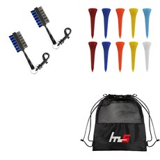 NAYASTYLE 高爾夫球桿頭清潔器 2入 隨機出貨+塑膠高爾夫短球梯 10入 隨機出貨+收納袋組合 GFYP-31-4+167-1PU, 混合顏色