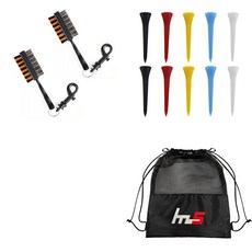 NAYASTYLE 高爾夫球桿頭清潔器 2入 隨機出貨+塑膠高爾夫標準球梯 10入 隨機出貨+收納袋套組 GFYP-31-6+167-2PU, 混色