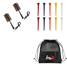NAYASTYLE 高爾夫球桿頭清潔器 隨機出貨 2入 + 塑膠高爾夫長球釘 隨機出貨 10入 + 收納袋組合 GFYP-31-6 167-3PU, 混合色