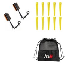 NAYASTYLE 高爾夫球桿頭清潔器 2入 隨機出貨+塑膠高爾夫長球釘 10入 黃色+收納袋組合 GFYP-31-6+185-3PU, 混合色