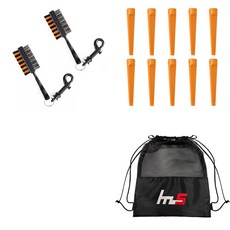 NAYASTYLE 高爾夫球桿頭清潔器 2入 隨機出貨+塑膠高爾夫長球釘 10入 橘色+收納袋組合 GFYP-31-6+185-4PU, 混合色