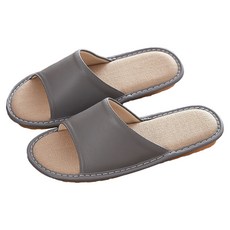 真皮頭層牛皮配亞麻防滑室內拖鞋 LS38, 灰色, 1雙
