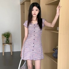 PEONIST 少女鈕扣短袖連身裙, 紫色