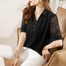 ATTERLIC 大尺碼V領花朵透膚短袖罩衫 01886