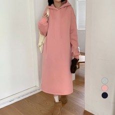 afinar 女款寬鬆版型刷毛日常連帽長版洋裝, 煙燻粉紅