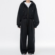 MOZMOZ 男女通用 毛圈布刷毛 顏料染 雙向拉鍊 短版連帽外套 + 下身套裝