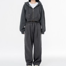 MOZMOZ 男女通用毛圈布刷毛顏料染雙向拉鍊短版連帽外套 + 下身套裝