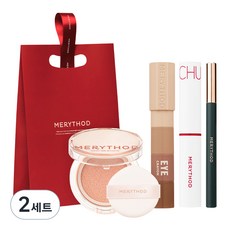 MERYTHOD 彩妝品4件組, 絲滑持久眉筆(01深棕色)+絲絨眼線4色蠟筆眼彩(02暖褐)+完美潤色防曬氣墊粉餅+光澤輕吻潤色唇膏(01紅色華爾滋)+禮品袋, 2組
