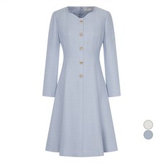 LINE ADDITION 女款刺繡領寶石鈕扣粗花呢洋裝, 藍色