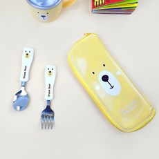 kitchen U 兒童小熊不鏽鋼湯匙叉子餐具盒組, 1套, 湯匙 + 叉子 + 餐具盒, 混合色