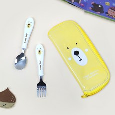 kitchen U 兒童小熊便利不鏽鋼湯匙叉子餐具盒組, 1套, 湯匙 + 叉子 + 餐具盒, 混合顏色
