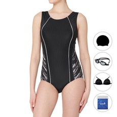 쿠아로 여성용 U백 수영복 + 수모 + 수경 + 브라컵 + 비닐백 세트 QRF157S