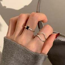 스톤주얼리 여성용 925실버도금 블랙 스퀘어 오픈링 2종 세트