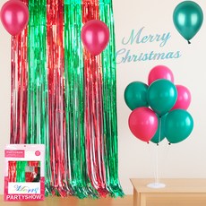 PARTYSHOW 聖誕節書法字體雙色混合窗簾組, 銀色(書法字體), 紅綠色(流蘇窗簾), 珍珠祖母綠(氣球), 珍珠桃紅色(氣球), 1套