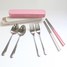 不鏽鋼圓手柄湯匙筷子 2人組, 粉色米色, 1套