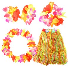 夏威夷草裙 + 項鍊 + 花環 + 手鍊 2p 套裝, 1套, 彩色