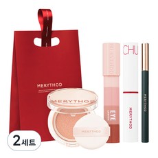 MERYTHOD 彩妝品4件組, 絲滑持久眉筆(01深棕色)+絲絨眼線4色蠟筆眼彩(01粉霧)+完美潤色防曬氣墊粉餅+光澤輕吻潤色唇膏(01紅色華爾滋)+禮品袋, 2組