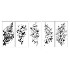 素描刺青玫瑰花黑白紋身貼紙5件組, BK-07, 1套