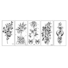素描刺青玫瑰花黑白紋身貼紙5件組, BK-06, 1套