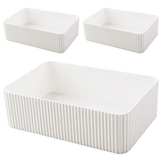 E.dot 簡約直紋雜物文具收納盒，桌面收納，兩種尺寸，白色/咖色, 大號 20 x 14 x 6cm, 3個