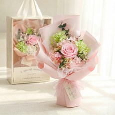 뷰티풀데코센스 생화 프리저브드 꽃다발 + 쇼핑백, 핑크, 21.5 x 37 cm