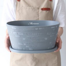 MORIANN 復古文字印花塑膠花盆+橢圓形底座, 藍色