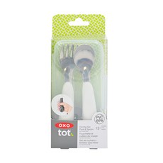 OXO tot 隨行叉匙組, 叉子無銳角, 深匙面, 彎曲防滑手柄, 外出方便攜帶, 叉子 + 湯匙, 大象灰, 1組