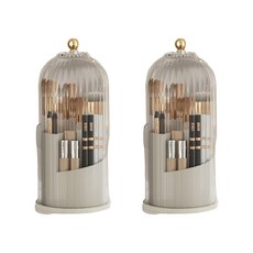 化妝刷收納桶 360度旋轉 防塵 分隔設計, 優雅白 + 透明蓋, 2個