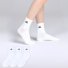 아디다스 여성용 베이직로고 중목 스포츠 양말, 화이트, 3개 화이트, 3개