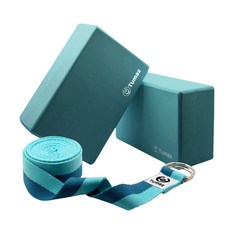 Tumaz 月熊 EVA瑜珈磚繩組 50D硬度 環保材質 防滑減震, 瑜珈磚22.5 x 14.5 x 7.5cm + 瑜珈繩300cm, 土耳其藍, 1組