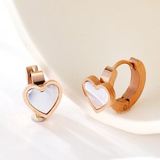 NOID-B 女性用醫療鋼白色珍珠母貝愛心按扣式環狀耳環