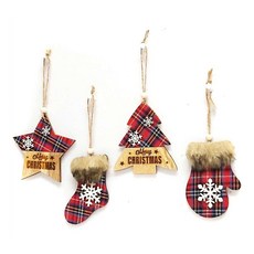 MODACore 摩達客 木質蘇格蘭格紋風彩繪迷你聖誕襪吊飾 4入組, 木質彩繪, 4個