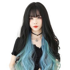 하이유니 브릿지 웨이브 펌 헤어 긴머리 통가발 가발 68cm + 가발망 + 거치대 세트, 챠콜블랙 + 헤이즈블루