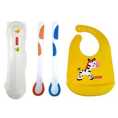 fisher-price 費雪 感溫湯匙 2支+收納盒+動物印花矽膠圍兜, 黃色(圍兜), 1組