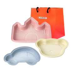 LE CREUSET 午餐盤3件組 + L號購物袋, 1套, 牛奶粉 + 沙丘色 + 海岸藍, 牛牛盤 + 熊熊盤 + 蜜蜂盤
