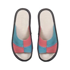 羊皮撞色拼接亞麻室內拖鞋, 防滑, 26, 粉藍色, 1雙