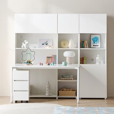 필웰 횸 전면책장 5단 + 책상 + 3단 이동 서랍장 + 5단 책장 세트 방문설치, 화이트