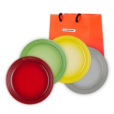LE CREUSET 圓盤 + 購物袋套組, 19公分圓盤4件組 + S號購物袋, 1套, 紅色, 棕櫚綠, 太陽黃, 迷霧灰