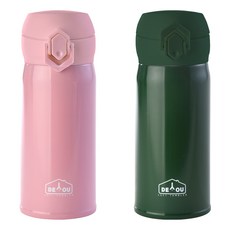 DIYOU Vivid雙層真空一鍵式保溫瓶 2入組, 粉色+卡其綠, 350ml, 1組