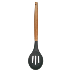 Quasi 小廚矽膠木柄漏勺 天然原木手柄 質輕圓滑, 原木色 + 黑色, 1支