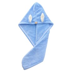 珊瑚絨乾髮帽 兔耳款, 加厚珊瑚絨材質, 吸水快速, 可愛小熊鈕扣, 天青藍, 1組