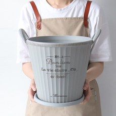 MORIANN Bonriang 手提復古塑膠花盆 + 托盤組 圓形 2523, 灰色