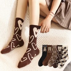 Edeline 女用布朗尼泰迪中筒襪 5p, 黑熊，微笑，心，字母R，棕熊, 1組