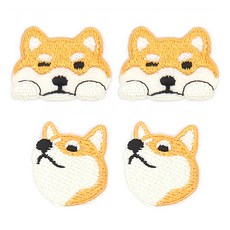 熨燙貼布 眨眼柴犬 2入 + 側臉柴犬 2入 組, 黃色 白色, 1組