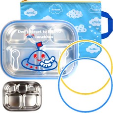 印花不鏽鋼餐盤便當盒組, 藍色, 不鏽鋼餐盤+便當袋+密封矽膠圈 2入, 1組